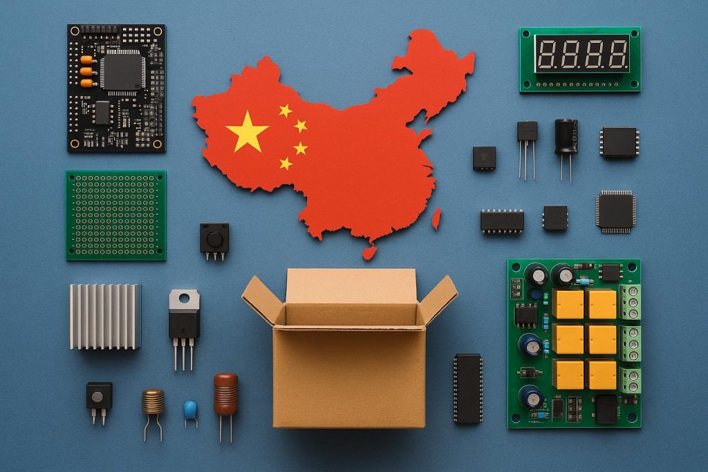 Assorted electronic components with Chinese flag, highlighting sourcing beyond price and availability