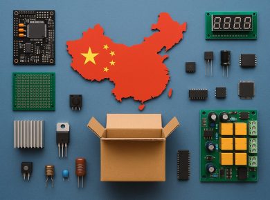Assorted electronic components with Chinese flag, highlighting sourcing beyond price and availability