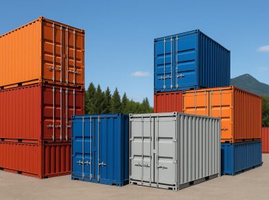 Stacked new and used shipping containers available for sale in Oregon storage yard