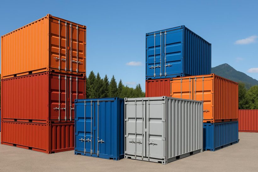 Stacked new and used shipping containers available for sale in Oregon storage yard