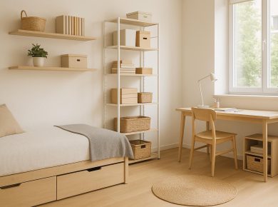 Organized bedroom with multifunctional furniture and smart storage maximizing small space