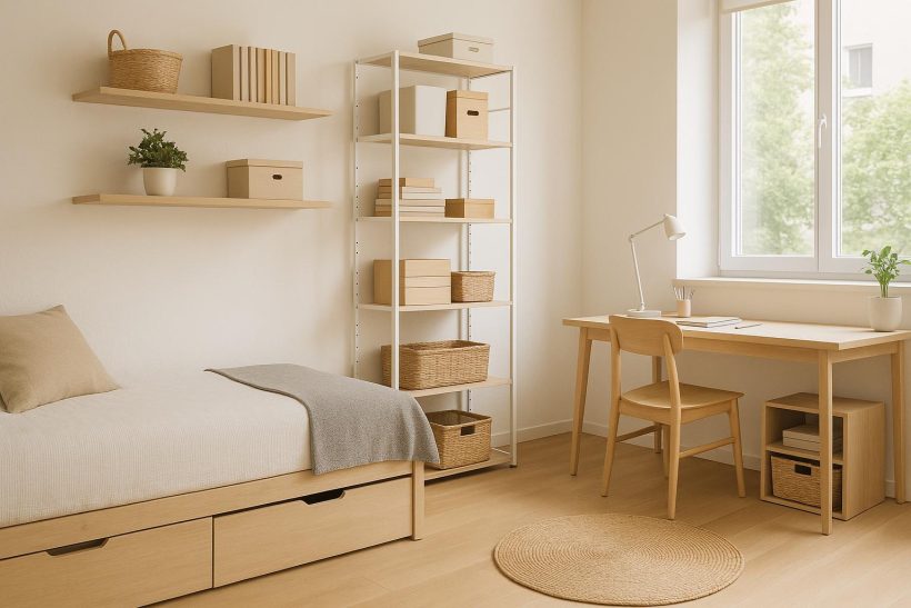 Organized bedroom with multifunctional furniture and smart storage maximizing small space