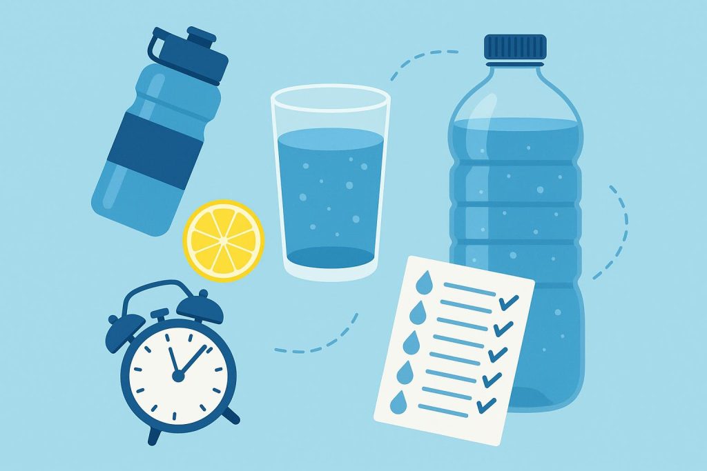 Glass of water and reusable bottle on a kitchen counter promoting daily hydration habits