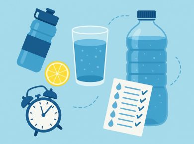 Glass of water and reusable bottle on a kitchen counter promoting daily hydration habits