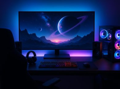 Ultra-wide monitor, RGB lighting, and sleek gaming desk for an immersive entertainment experience