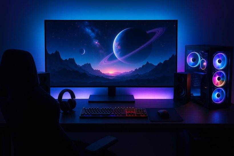 Ultra-wide monitor, RGB lighting, and sleek gaming desk for an immersive entertainment experience